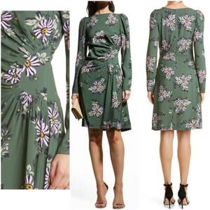 Lela Rose Ruched Bateau Neck Long Sleeve Dress in Sage size 8
